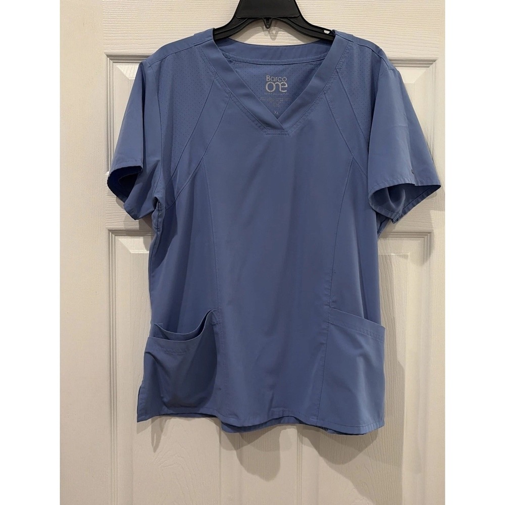 Barco One Scrub Top Women's Size XL Blue Short Sleeve V-Neck Pockets Stretch